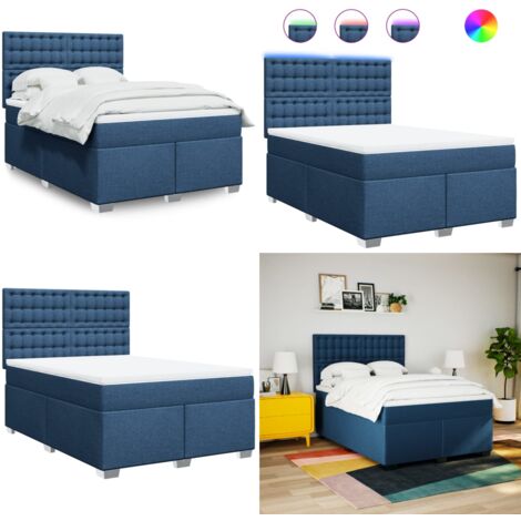 Cama box spring con colchón tela azul 140x200 cm - Cama de muelles ensacados - Cama con luz LED