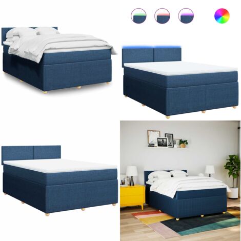 Cama box spring con colchón tela azul 140x200 cm - Colchón de muelles ensacados - Cama con luces LED