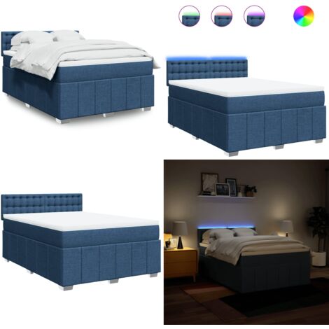 Cama box spring con colchón tela azul 140x200 cm - Colchón de muelles ensacados - Cama con luces LED