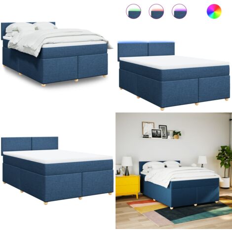 Cama box spring con colchón tela azul 140x200 cm - Colchón de muelles ensacados - Cama con luces LED