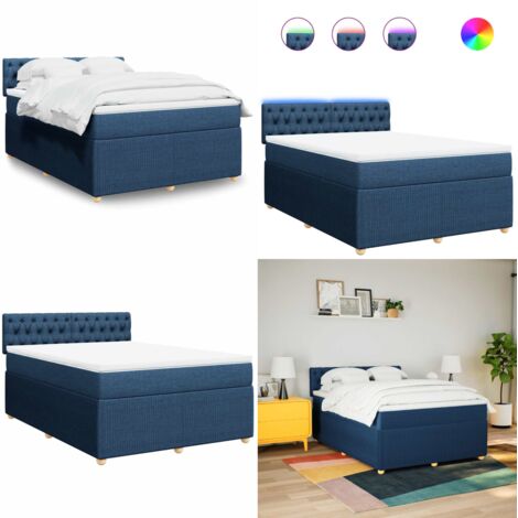 Cama box spring con colchón tela azul 140x200 cm - Colchón de muelles ensacados - Cama con luces LED