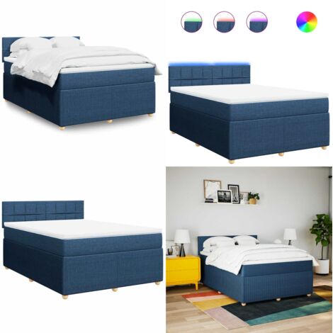 Cama box spring con colchón tela azul 140x200 cm - Colchón de muelles ensacados - Cama con luces LED