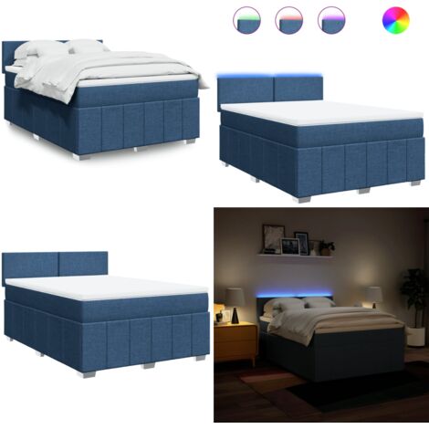 Cama box spring con colchón tela azul 140x200 cm - Colchón de muelles ensacados - Cama con luces LED