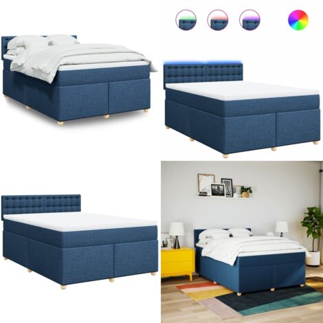 Cama box spring con colchón tela azul 140x200 cm - Colchón de muelles ensacados - Cama con luces LED