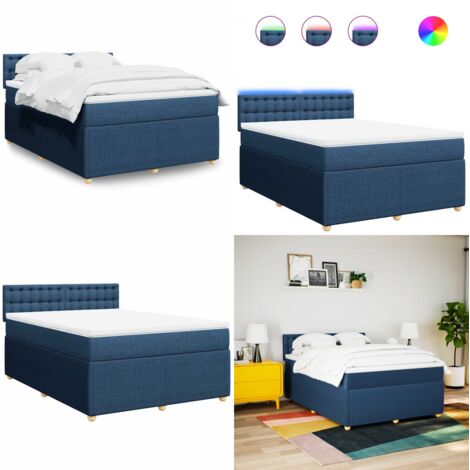 Cama box spring con colchón tela azul 140x200 cm - Colchón de muelles ensacados - Cama con luces LED