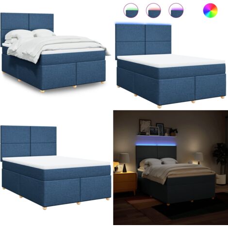 Cama box spring con colchón tela azul 140x200 cm - Colchón de muelles ensacados - Cama con luz LED