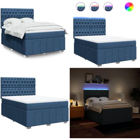 Cama box spring con colchón tela azul 140x200 cm - Colchón de muelles ensacados - Cama con luz LED