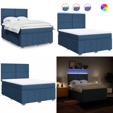 Cama box spring con colchón tela azul 140x200 cm - Colchón de muelles ensacados - Cama con luz LED