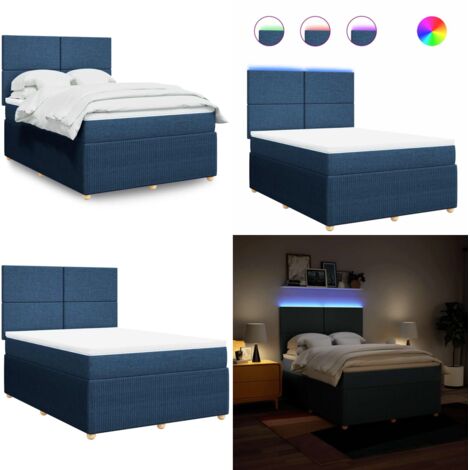 Cama box spring con colchón tela azul 140x200 cm - Colchón de muelles ensacados - Cama con luz LED