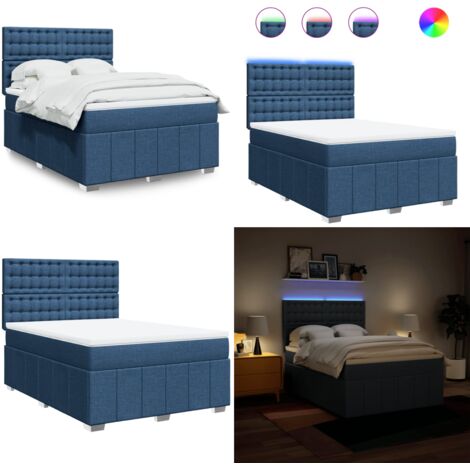 Cama box spring con colchón tela azul 140x200 cm - Colchón de muelles ensacados - Cama con luz LED