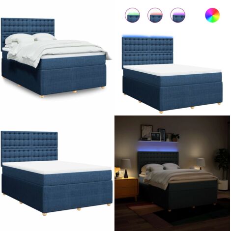 Cama box spring con colchón tela azul 140x200 cm - Colchón de muelles ensacados - Cama con luz LED