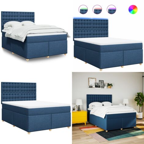 Cama box spring con colchón tela azul 140x200 cm - Colchón de muelles ensacados - Cama con luz LED