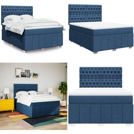 Cama box spring con colchón tela azul 160x200 cm - Colchón de muelles - Cama de muelles