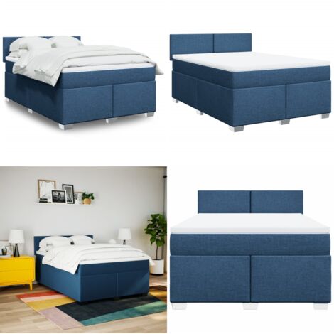 Cama box spring con colchón tela azul 160x200 cm - Colchón de muelles ensacados - Cama con cabecero