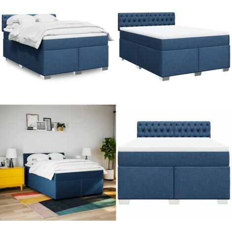 Cama box spring con colchón tela azul 160x200 cm - Colchón de muelles ensacados - Cama con cabecero