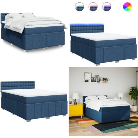 Cama box spring con colchón tela azul 160x200 cm - Colchón de muelles ensacados - Cama con luces LED