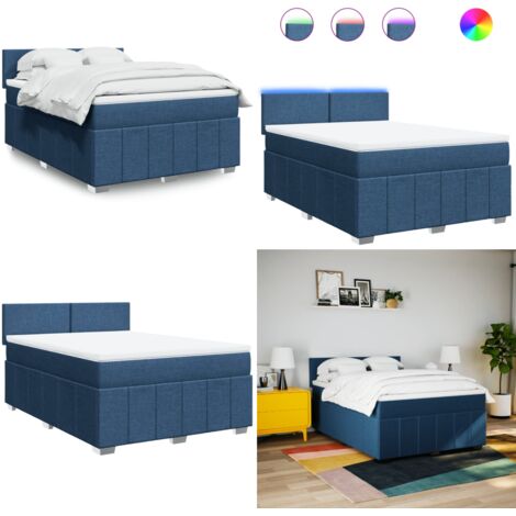 Cama box spring con colchón tela azul 160x200 cm - Colchón de muelles ensacados - Cama con luces LED