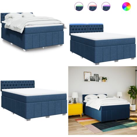 Cama box spring con colchón tela azul 160x200 cm - Colchón de muelles ensacados - Cama con luces LED