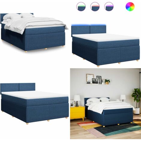 Cama box spring con colchón tela azul 160x200 cm - Colchón de muelles ensacados - Cama con luces LED
