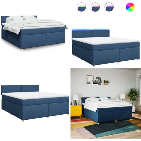 Cama box spring con colchón tela azul 180x200 cm - Cama de muelles ensacados - Cama con luces LED