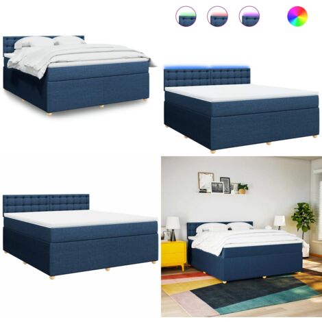 Cama box spring con colchón tela azul 180x200 cm - Cama de muelles ensacados - Cama con luces LED