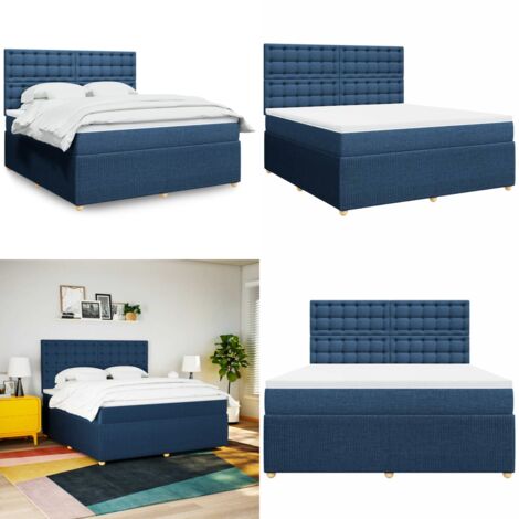 Cama box spring con colchón tela azul 180x200 cm - Colchón de muelles - Cama con cabecero