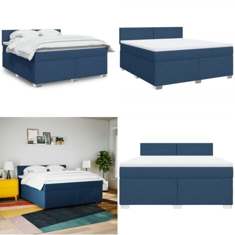 Cama box spring con colchón tela azul 180x200 cm - Colchón de muelles ensacados - Cama con cabecero