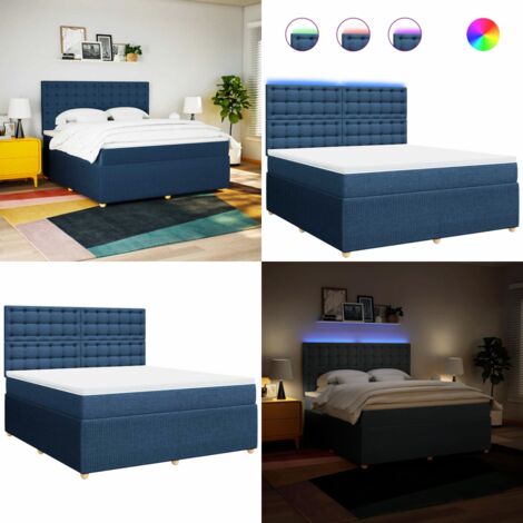 Cama box spring con colchón tela azul 180x200 cm - Colchón de muelles ensacados - Cama con luz LED