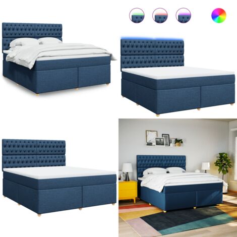 Cama box spring con colchón tela azul 180x200 cm - Colchón de muelles ensacados - Cama con luz LED