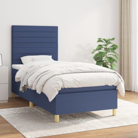 Cama box spring con colchón tela azul 90x190 cm