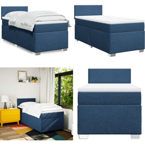 Cama box spring con colchón tela azul 90x190 cm - Colchón de muelles - Cama con cabecero