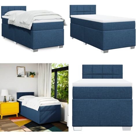Cama box spring con colchón tela azul 90x190 cm - Colchón de muelles - Cama con cabecero