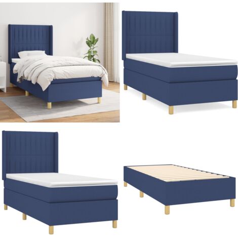 Cama box spring con colchón tela azul 90x190 cm - Colchón de muelles - Cama de muelles