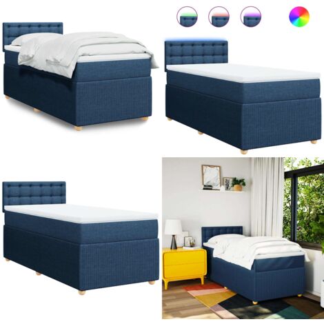 Cama box spring con colchón tela azul 90x190 cm - Colchón de muelles ensacados - Cama con luz LED