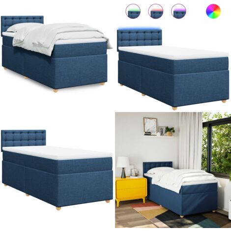 Cama box spring con colchón tela azul 90x190 cm - Colchón de muelles ensacados - Cama con luz LED