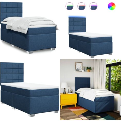 Cama box spring con colchón tela azul 90x190 cm - Colchón de muelles ensacados - Cama con luz LED