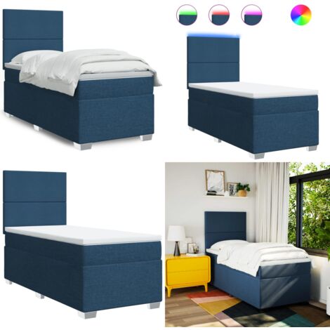 Cama box spring con colchón tela azul 90x190 cm - Colchón de muelles ensacados - Cama con luz LED