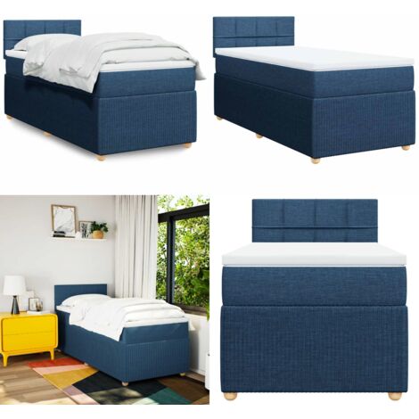 Cama box spring con colchón tela azul 90x190 cm - Colchón de muelles ensacados - Soporte personalizado
