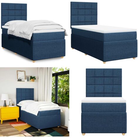 Cama box spring con colchón tela azul 90x200 cm - Colchón de muelles - Cama de muelles