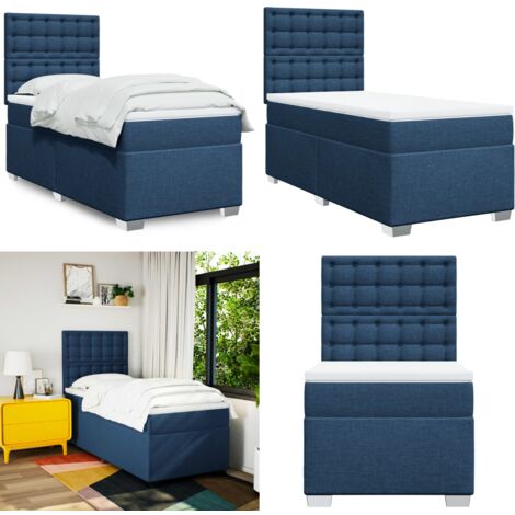 Cama box spring con colchón tela azul 90x200 cm - Colchón de muelles - Cama de muelles
