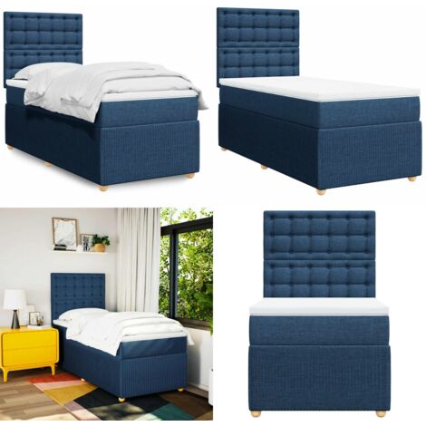Cama box spring con colchón tela azul 90x200 cm - Colchón de muelles - Cama de muelles