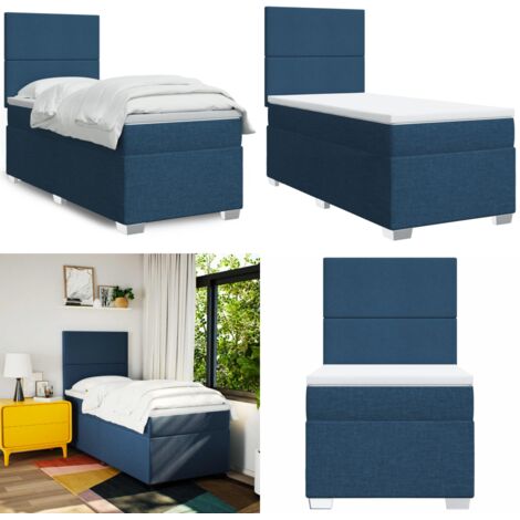 Cama box spring con colchón tela azul 90x200 cm - Colchón de muelles - Cama de muelles