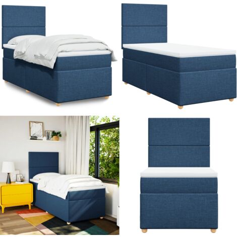 Cama box spring con colchón tela azul 90x200 cm - Colchón de muelles - Cama de muelles