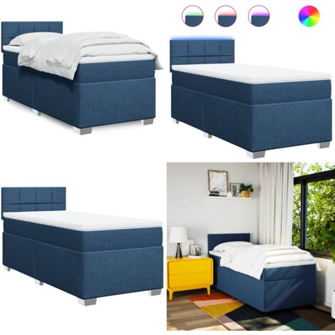 Cama box spring con colchón tela azul 90x200 cm - Colchón de muelles ensacados - Cama con luces LED