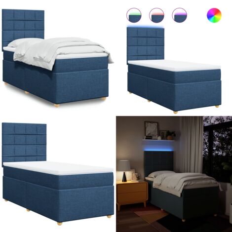 Cama box spring con colchón tela azul 90x200 cm - Colchón de muelles ensacados - Cama con luz LED
