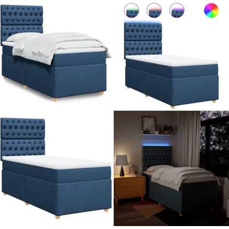 Cama box spring con colchón tela azul 90x200 cm - Colchón de muelles ensacados - Cama con luz LED