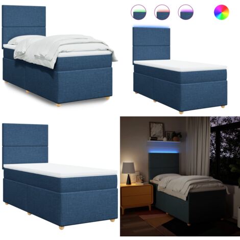 Cama box spring con colchón tela azul 90x200 cm - Colchón de muelles ensacados - Cama con luz LED