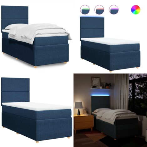 Cama box spring con colchón tela azul 90x200 cm - Colchón de muelles ensacados - Cama con luz LED