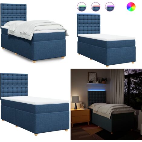 Cama box spring con colchón tela azul 90x200 cm - Colchón de muelles ensacados - Cama con luz LED