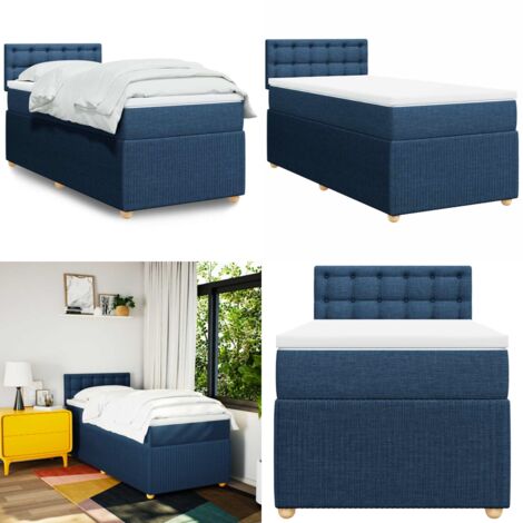 Cama box spring con colchón tela azul 90x200 cm - Colchón de muelles ensacados - Soporte de cama